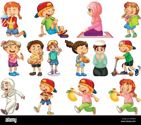 Children doing different activities cartoon character set on white background illustration Stock ...