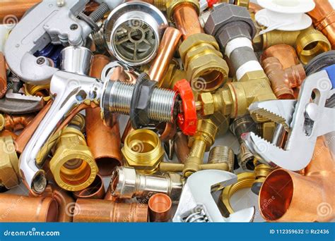 Plumber`s Tools, Pipes and Fittings Stock Photo - Image of central, heating: 112359632