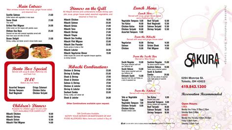 Sakura Japanese Steak House menu in Toledo, Ohio, USA