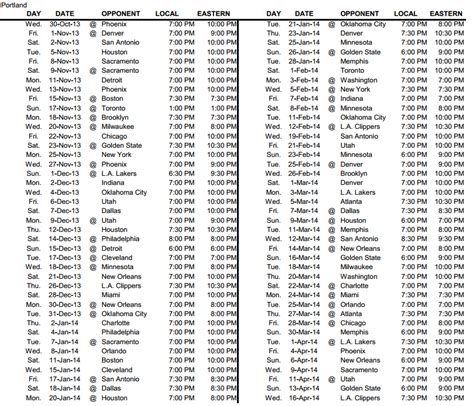 PORTLAND TRAIL BLAZERS SCHEDULE Emanda Seres | Printable Schedule