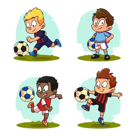 Conjunto de dibujos animados para niños jugando al fútbol | Vector Premium