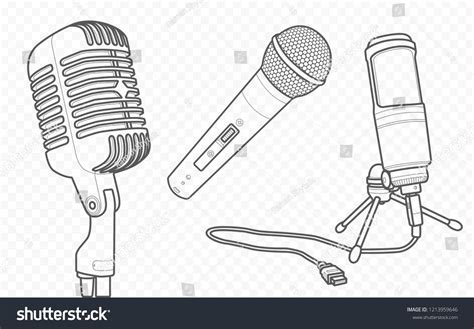 Microphones vector outline and contour illustration and sketch for singing song, voice and music ...