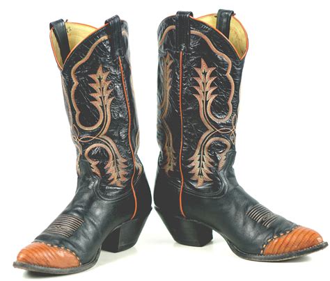 Tony Lama Black Leather Cowboy Boots Pumpkin Wingtip Vintage US Made Men's 9.5 D | oldrebelboots