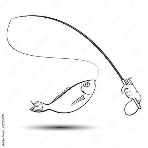 black outline hand catching fish with fishing pole vector cartoon Stock Vector | Adobe Stock