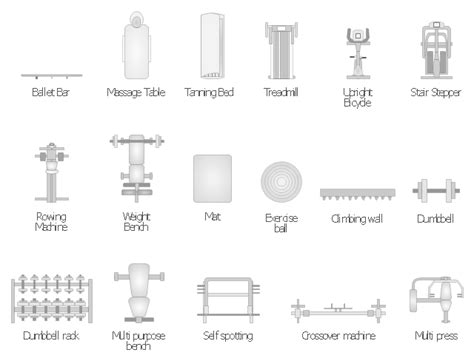 Physical training symbols, weight bench, upright bicycle, treadmill ...