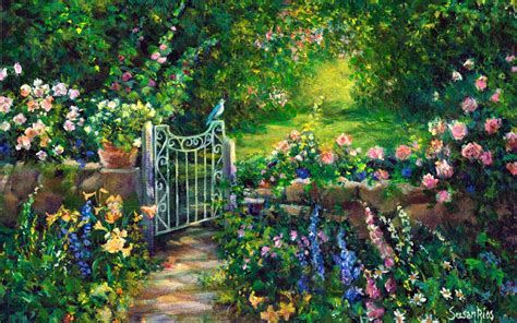 Download Bird Flower Spring Garden Artistic Painting Gate HD Wallpaper ...