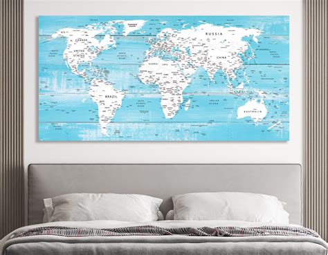 World Map Canvas World Map Decor White Blue Map Large World - Etsy