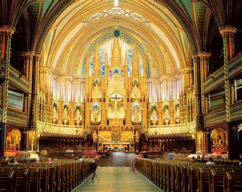 The majestic interior of Notre-Dame Basilica in Old Montreal.