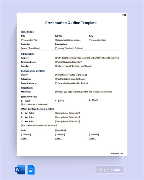 Presentation Outline Template - Word | Google Docs - Highfile