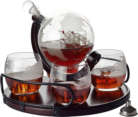 Whiskey Decanter Etched Globe Gift Set - 4 glasses with NEWEST Wood ...