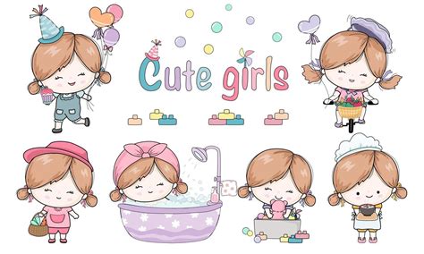 cute girl activities Designed in sweet tones Doodle style 6873240 ...