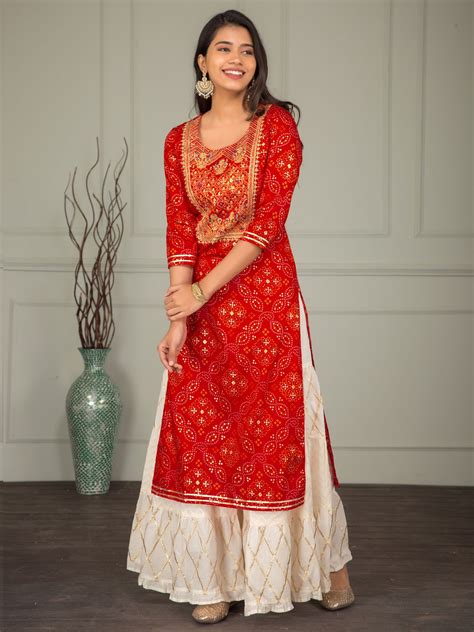 Bandhani Printed Kurta With Zari Embroidery - Fashor | Bollywood dress, Sharara set, Red kurta