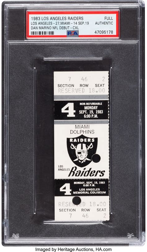 1984 Los Angeles Raiders vs. Miami Dolphins Ticket Stub, Dan Marino ...