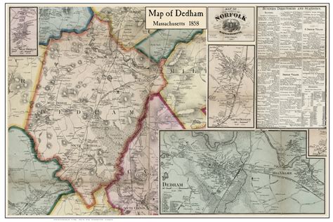 Dedham Poster Map, 1858 Norfolk Co. MA - OLD MAPS