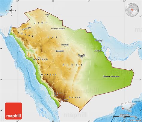 Physical Map of Saudi Arabia, single color outside