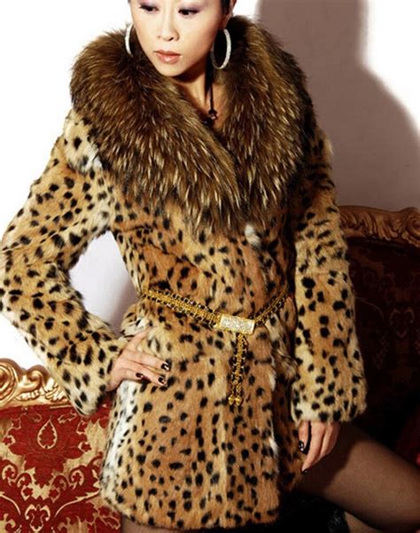 2018 Fashion Leopard Print Fur Coat Women Casual Faux Raccoon Fur Collar Medium Long Faux Fur ...