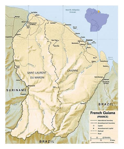 Large political and administrative map of French Guiana with relief, roads and major cities ...