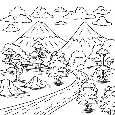 Premium Vector | Print design nature landscape outline coloring page