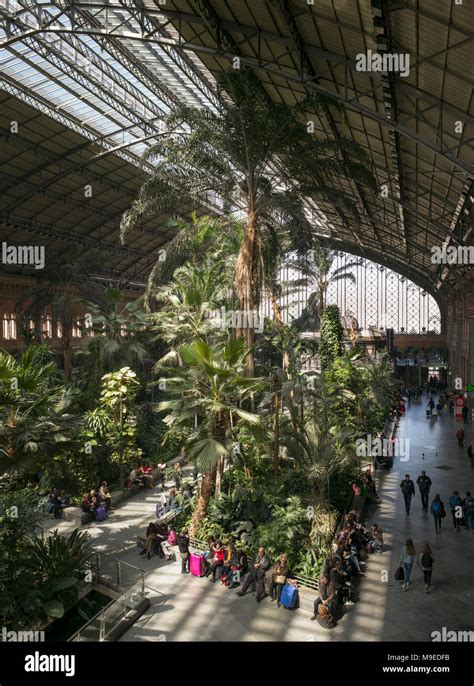 Tropical plants growing in enclosed tropical garden in former Atocha railway station, while ...