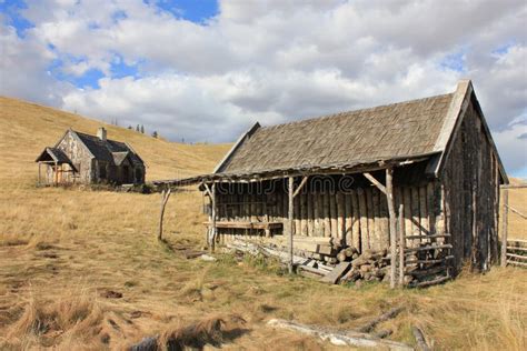 Old Log Barn And House With Sky Stock Photo - Image of field, prairie ...