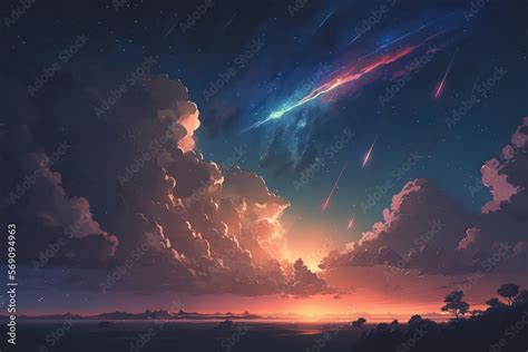 Anime sky painting wallpaper background. Fantasy sky. Skyland with beautiful flare. Anime art ...