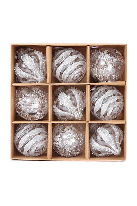 Assorted Glitter Christmas Baubles - White (9 pcs) : 8cmD - Holstens