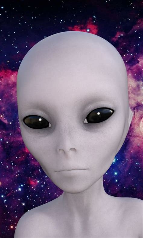 an alien head with black eyes is in front of a purple and blue galaxy ...