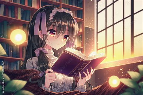 ai generated illustration of a young anime girl reading a book in a room Stock イラスト | Adobe Stock