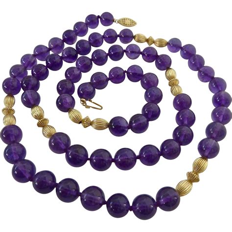 Exquisite 14K Gold 10mm Amethyst Bead Necklace Hand Knotted www.rubylane.com #vintagebeginshere ...