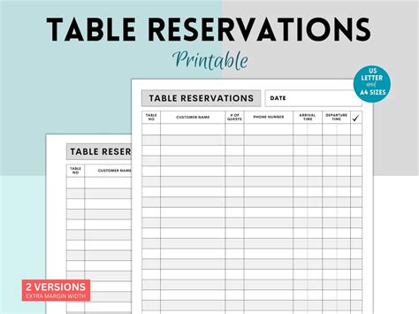 Printable Table Reservation List, Restaurant Table Reservation Form, Restaurant Reservation ...