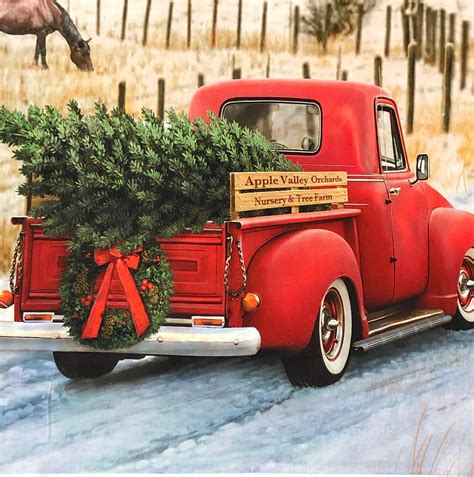 Country Christmas Memories fabric panel rustic old red truck | Etsy