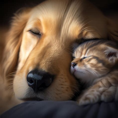 Premium Photo | A kitten and a baby golden retriever sleep together