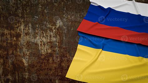 The Ukraine and Russia flag on rusty surface for business or war ...