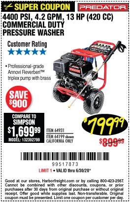 PREDATOR 4400 PSI 4.2 GPM 13 HP (420cc) Commercial Duty Pressure Washer CARB for $799.99 ...