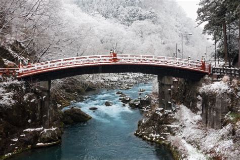 Shinkyo Bridge in Nikko, Japan in Winter Stock Image - Image of snowy ...