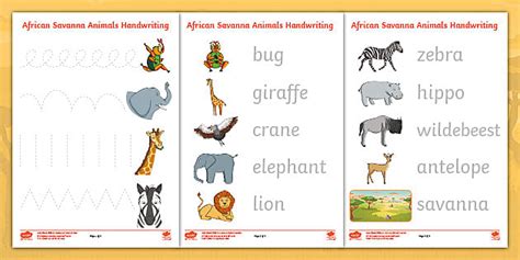 African Savanna Animals Handwriting Worksheets - Twinkl