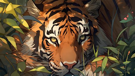 Aesthetic Tiger in the Leaves Desktop Wallpaper - Tiger Wallpaper