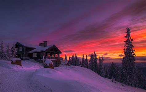 winter, Sunset, Clouds, Forest, Cottage, Snow, Cold, Norway, Trees, Red, Yellow, Orange, White ...