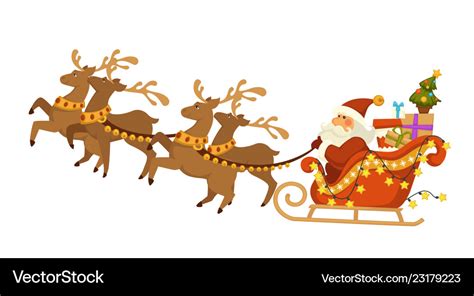 Santa claus and deers with sleigh flying over Vector Image