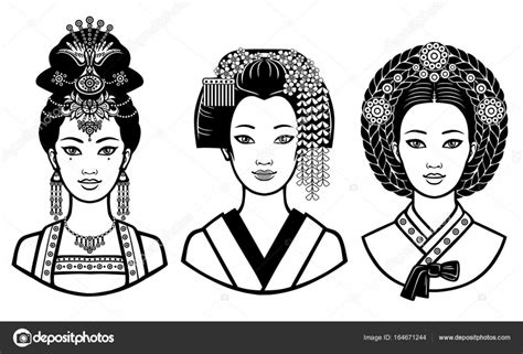 Set of realistic portraits of the young Asian girls with different hairstyles. China, Japan ...