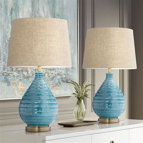 360 Lighting Modern Table Lamps Set of 2 Coastal Ceramic Sky Blue Glaze Linen Fabric Drum Shade ...