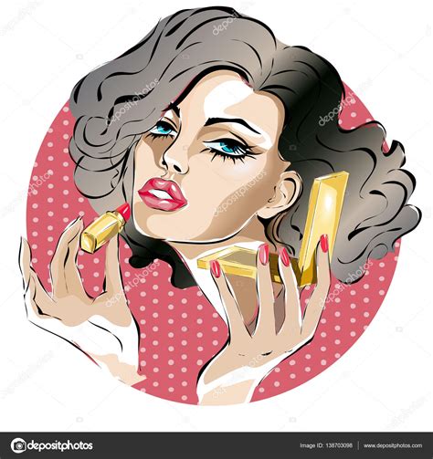 Pin-up woman makes makeup, applying red lipstick on lips, pop art style portrait vector — Stock ...