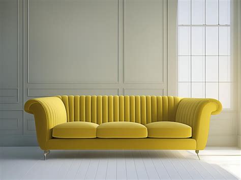 Premium AI Image | A yellow couch in a room with a white wall behind it.