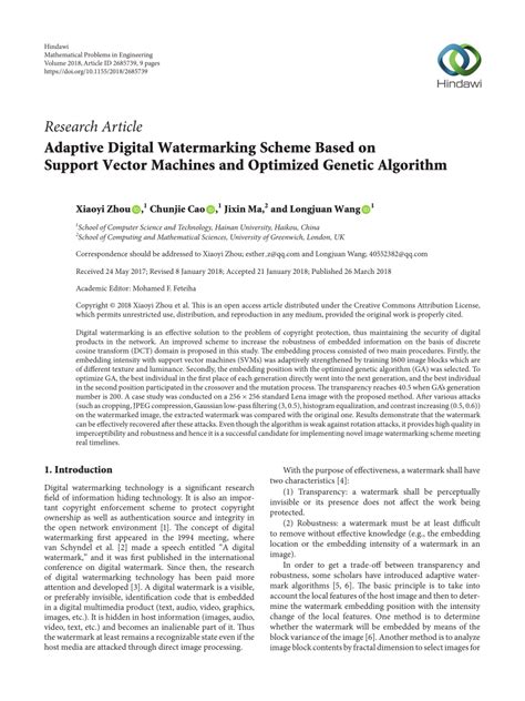 (PDF) Adaptive Digital Watermarking Scheme Based on Support Vector Machines and Optimized ...