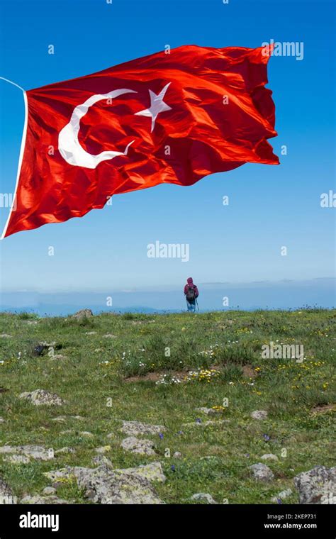 Turkish national flag with white star and moon in air Stock Photo - Alamy