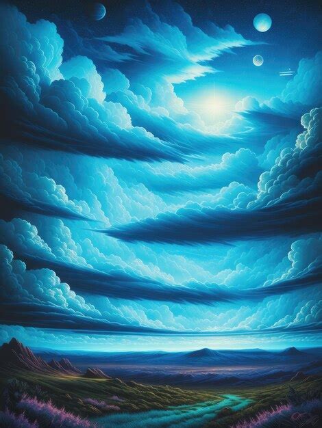 Premium AI Image | A painting of a blue sky with clouds and the moon.