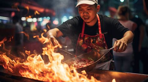 Street food vendor, flames dancing, under wok's orchestration