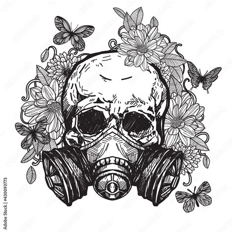 Skull tattoo with venom mask Flowers with butterflies on the back Stock ...