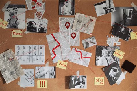 Detective board with crime scene photos and red threads, closeup: Stock ...