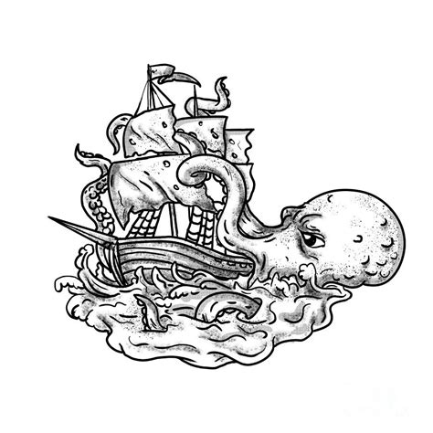 Kraken Attacking Ship Tattoo Grayscale Digital Art by Aloysius ...